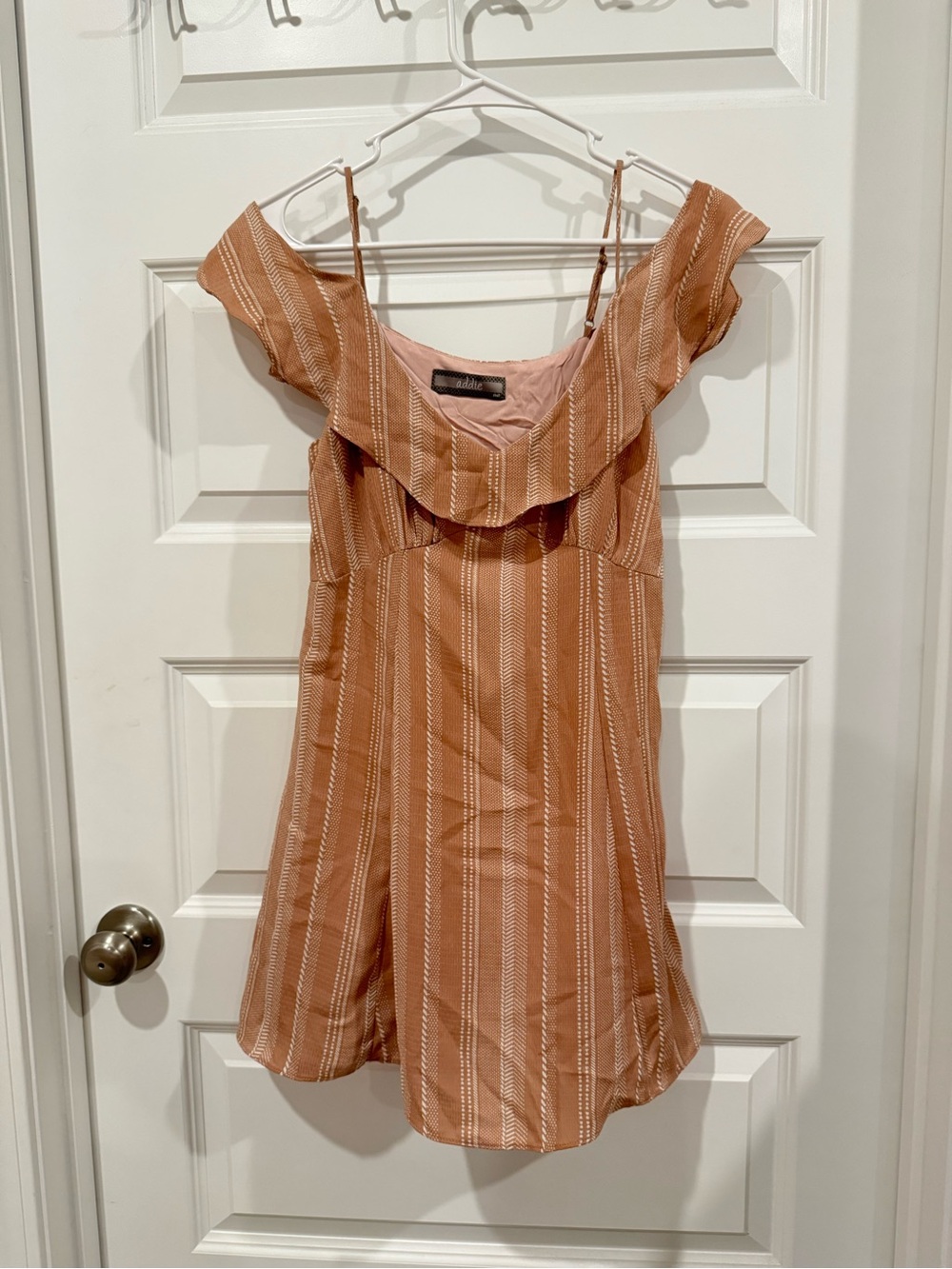 Striped Pink/Salmon Off-Shoulder Mini Dress with Ruffle Detail